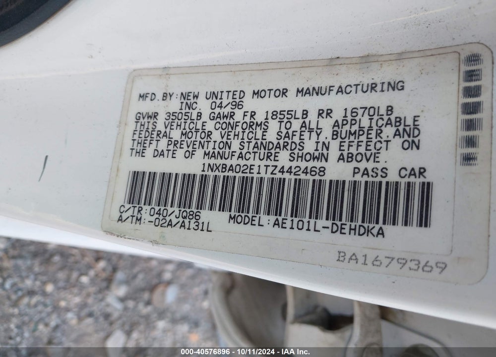 1996 TOYOTA COROLLA VIN: 1NXBA02E1TZ442468