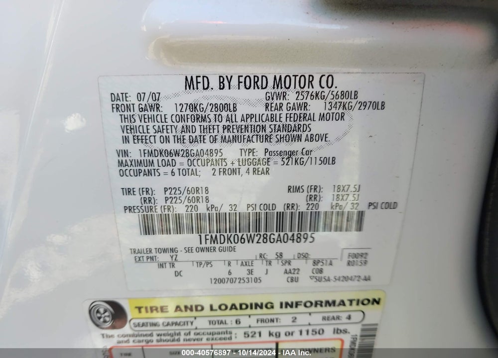 2008 FORD TAURUS X LIMITED VIN: 1FMDK06W28GA04895
