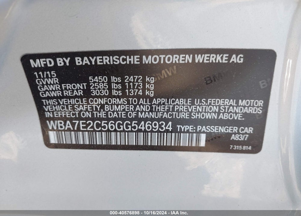 2016 BMW 740I VIN: WBA7E2C56GG546934