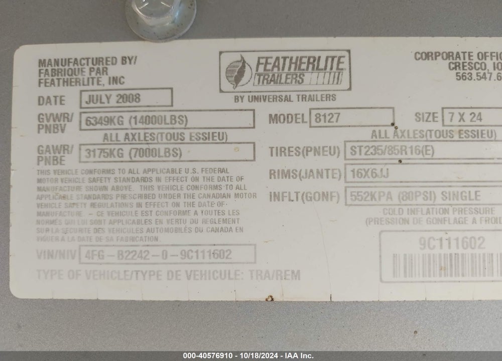 2009 FEATHERLITE --- VIN: 4FGB224209C111602