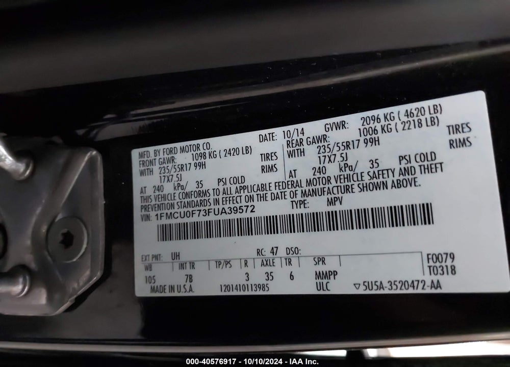 2015 FORD ESCAPE S VIN: 1FMCU0F73FUA39572