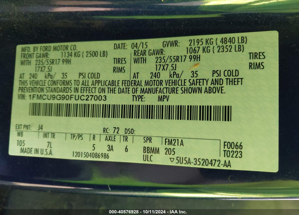 2015 FORD ESCAPE VIN: 1FMCU9G90FUC27003