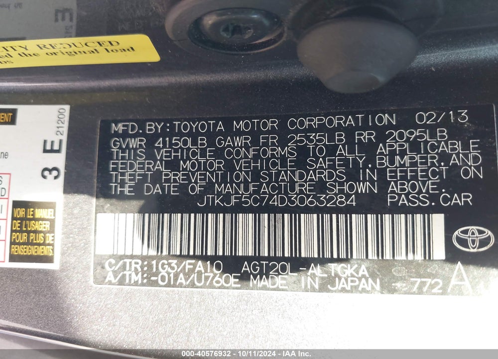 2013 SCION TC VIN: JTKJF5C74D3063284