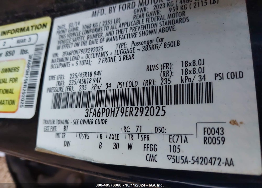 2014 FORD FUSION SE VIN: 3FA6P0H79ER292025