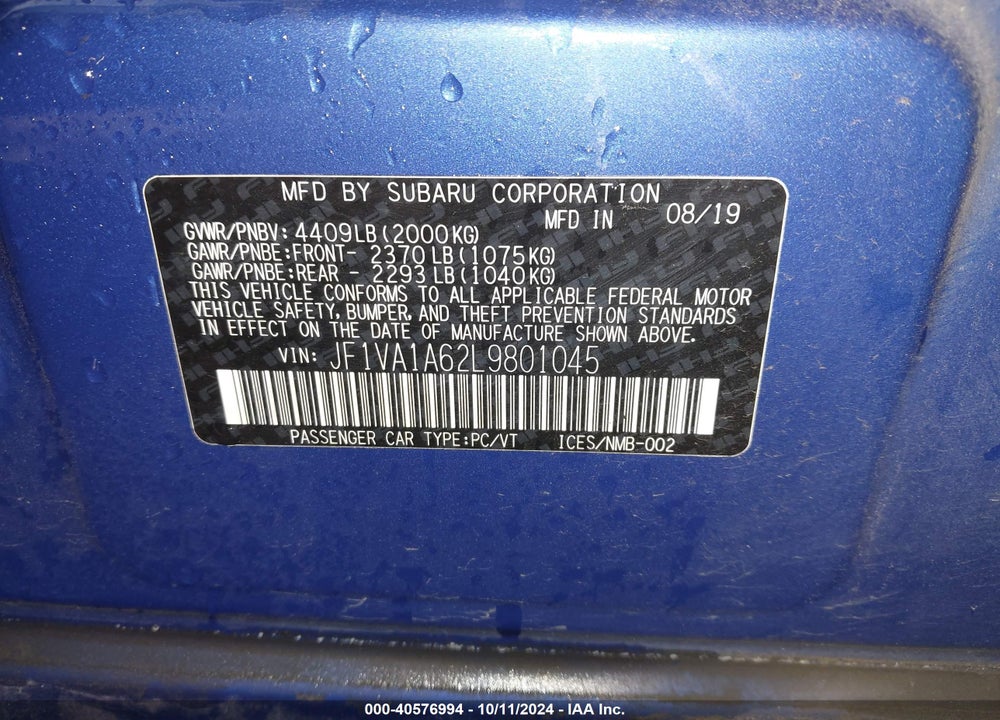 2020 SUBARU WRX VIN: JF1VA1A62L9801045