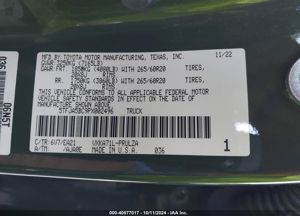 2023 TOYOTA TUNDRA LIMITED VIN: 5TFJA5BC9PX002496