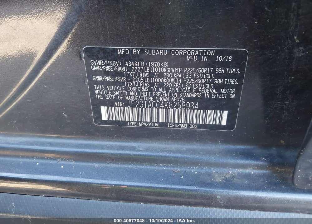 2019 SUBARU CROSSTREK 2.0I PREMIUM VIN: JF2GTACC4K8258934