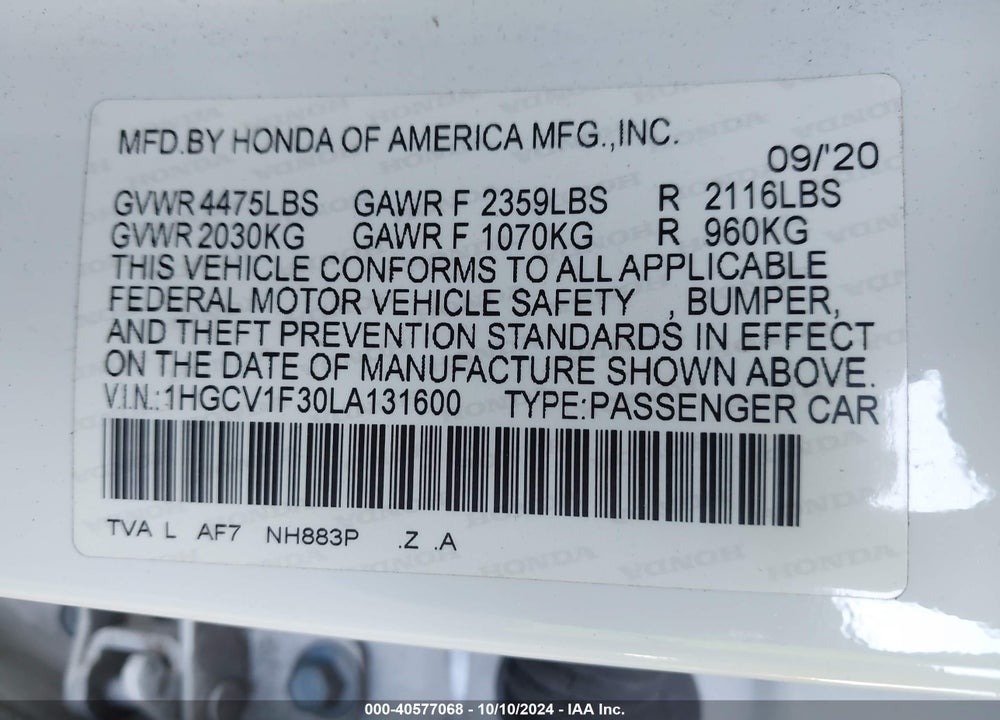 2020 HONDA ACCORD SPORT VIN: 1HGCV1F30LA131600