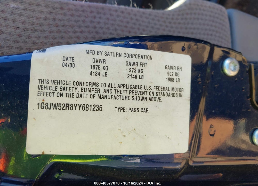2000 SATURN LS2 VIN: 1G8JW52R8YY681236