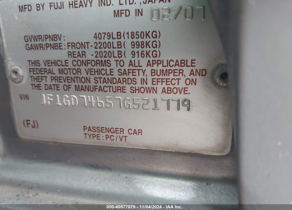 2007 SUBARU IMPREZA WRX VIN: JF1GD74657G521779