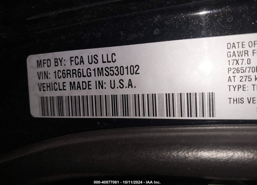 2021 RAM 1500 CLASSIC VIN: 1C6RR6LG1MS530102