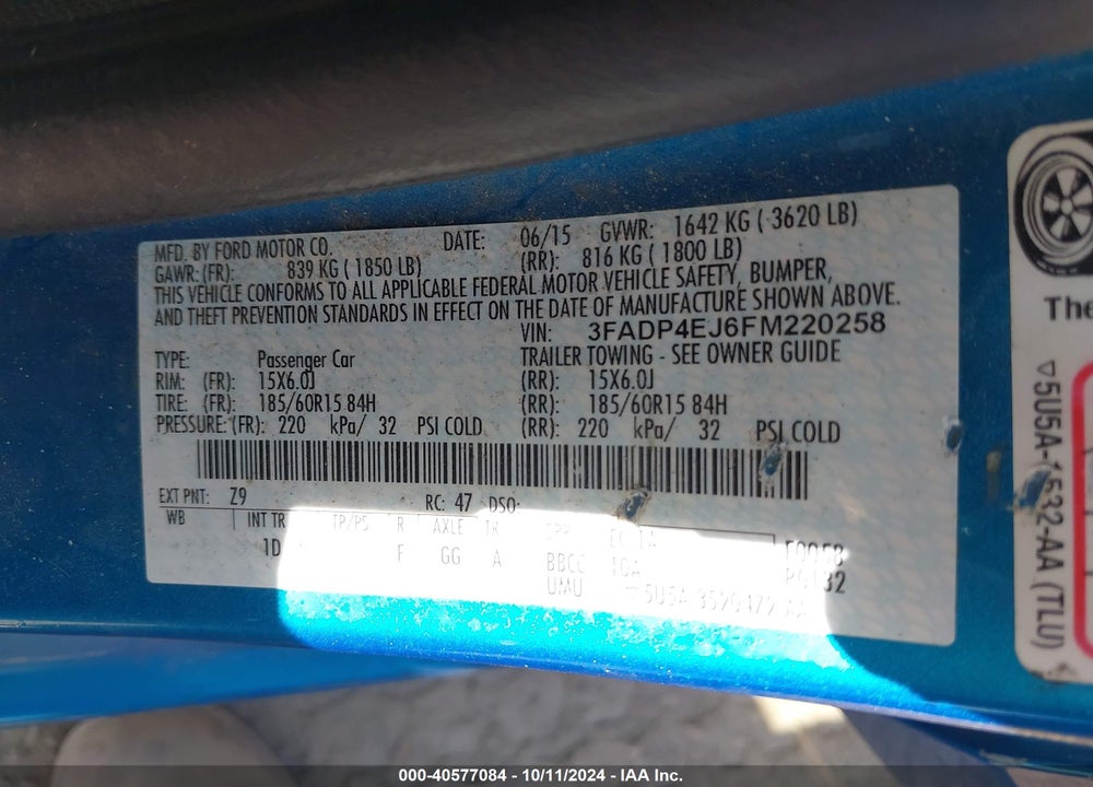 2015 FORD FIESTA SE VIN: 3FADP4EJ6FM220258