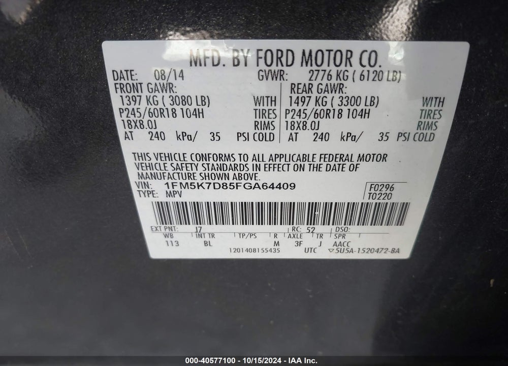 2015 FORD EXPLORER XLT VIN: 1FM5K7D85FGA64409