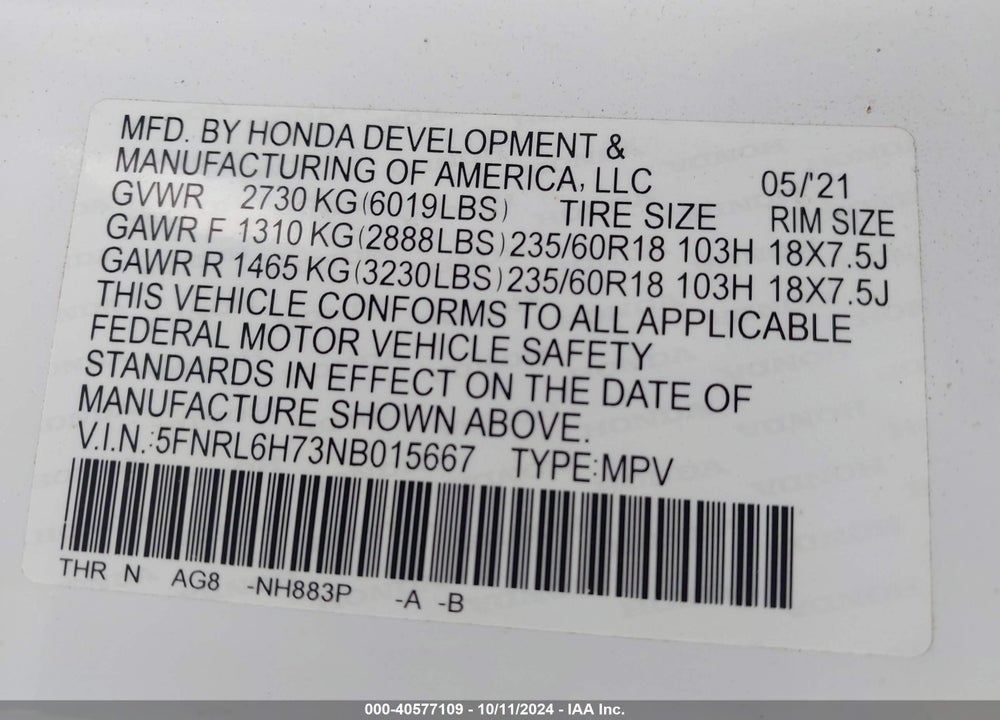 2022 HONDA ODYSSEY EX-L VIN: 5FNRL6H73NB015667