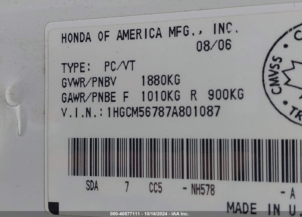 2007 HONDA ACCORD 2.4 EX VIN: 1HGCM56787A801087