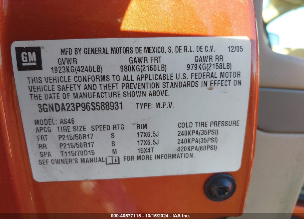 2006 CHEVROLET HHR LT VIN: 3GNDA23P96S588931