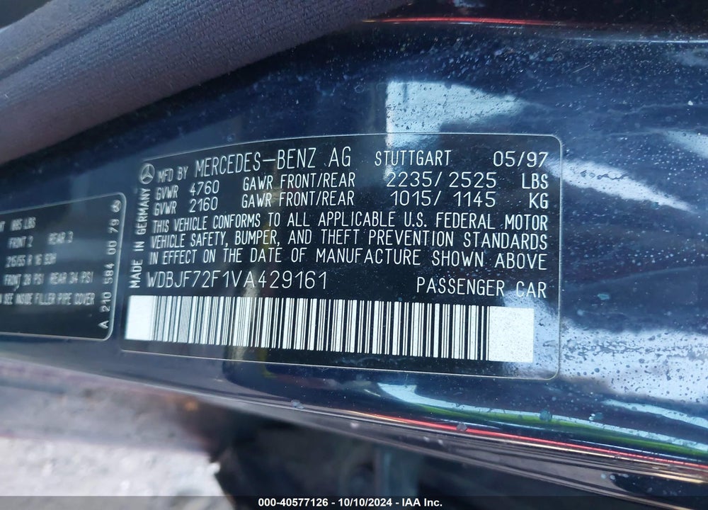 1997 MERCEDES-BENZ E 420 VIN: WDBJF72F1VA429161