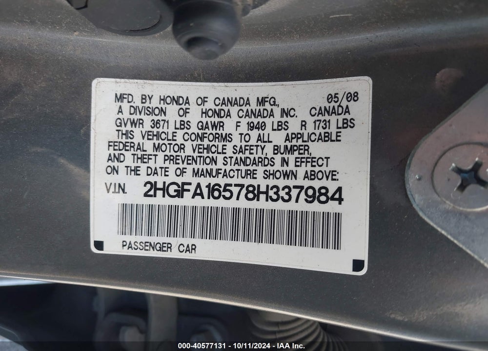 2008 HONDA CIVIC LX VIN: 2HGFA16578H337984