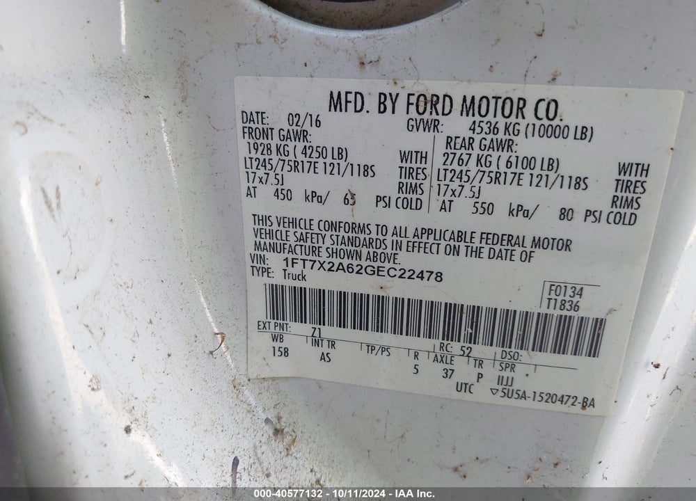 2016 FORD F-250 XL VIN: 1FT7X2A62GEC22478
