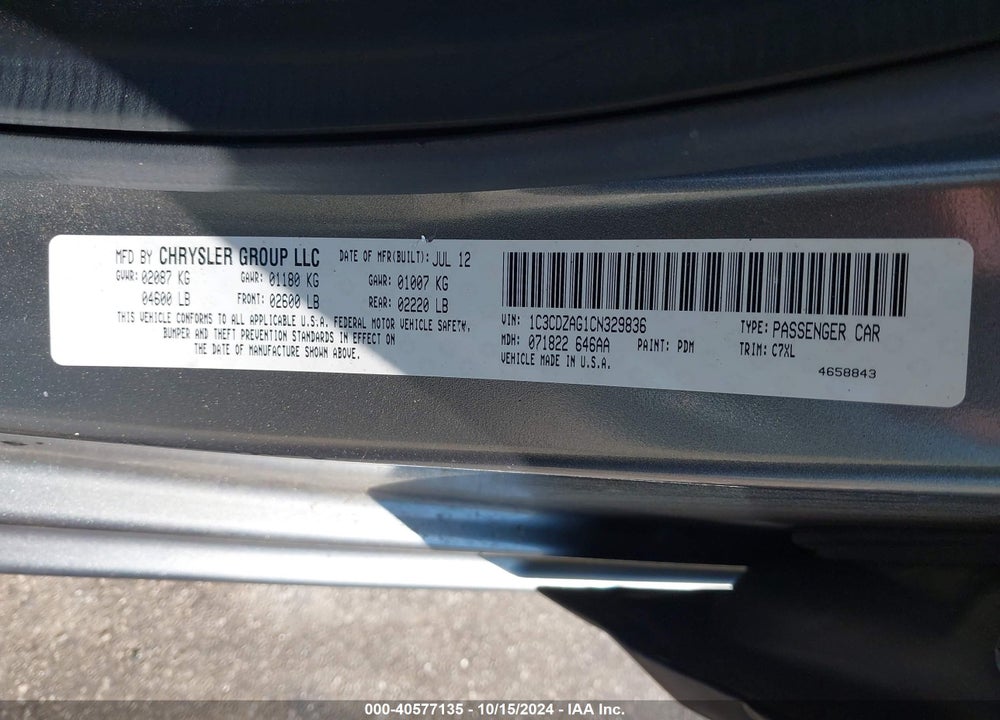 2012 DODGE AVENGER SE VIN: 1C3CDZAG1CN329836