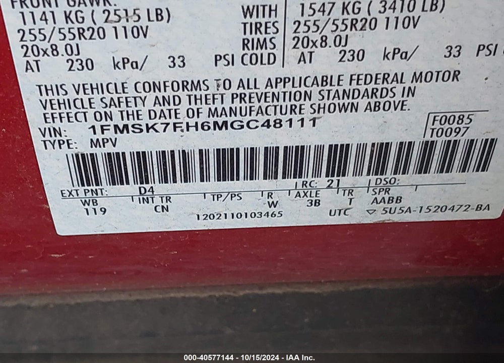2021 FORD EXPLORER LIMITED VIN: 1FMSK7FH6MGC48111