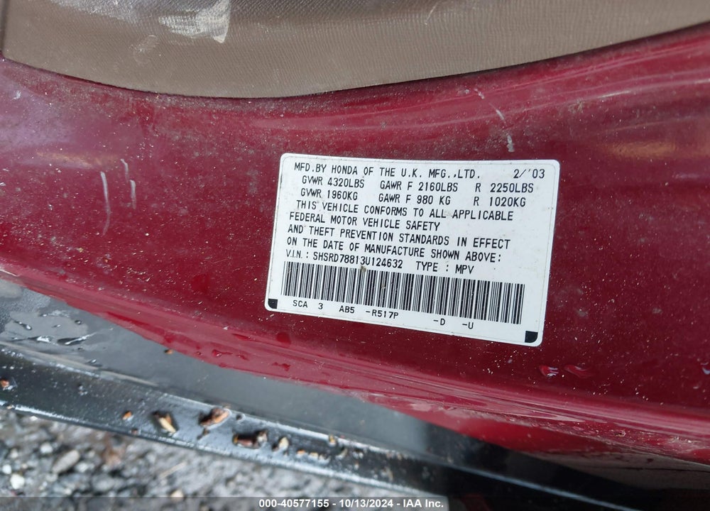 2003 HONDA CR-V EX VIN: SHSRD78813U124632