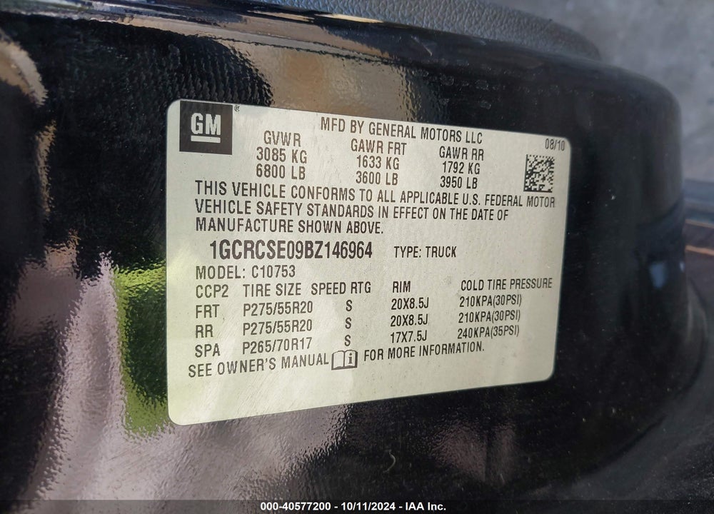 2011 CHEVROLET SILVERADO 1500 LT VIN: 1GCRCSE09BZ146964