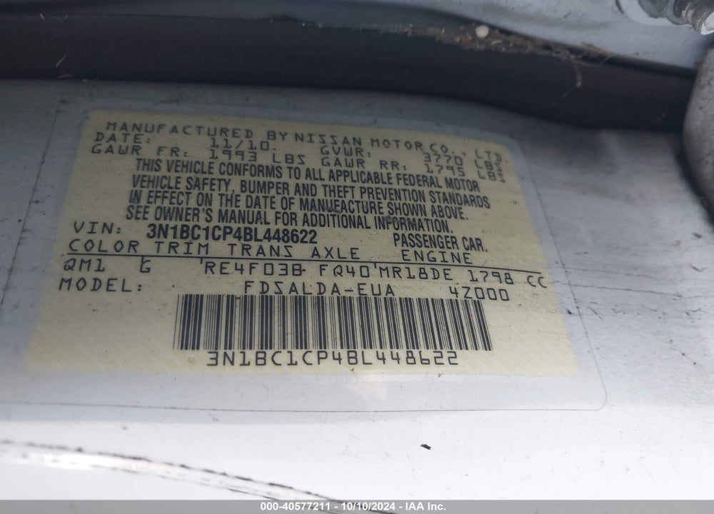 2011 NISSAN VERSA 1.8S VIN: 3N1BC1CP4BL448622