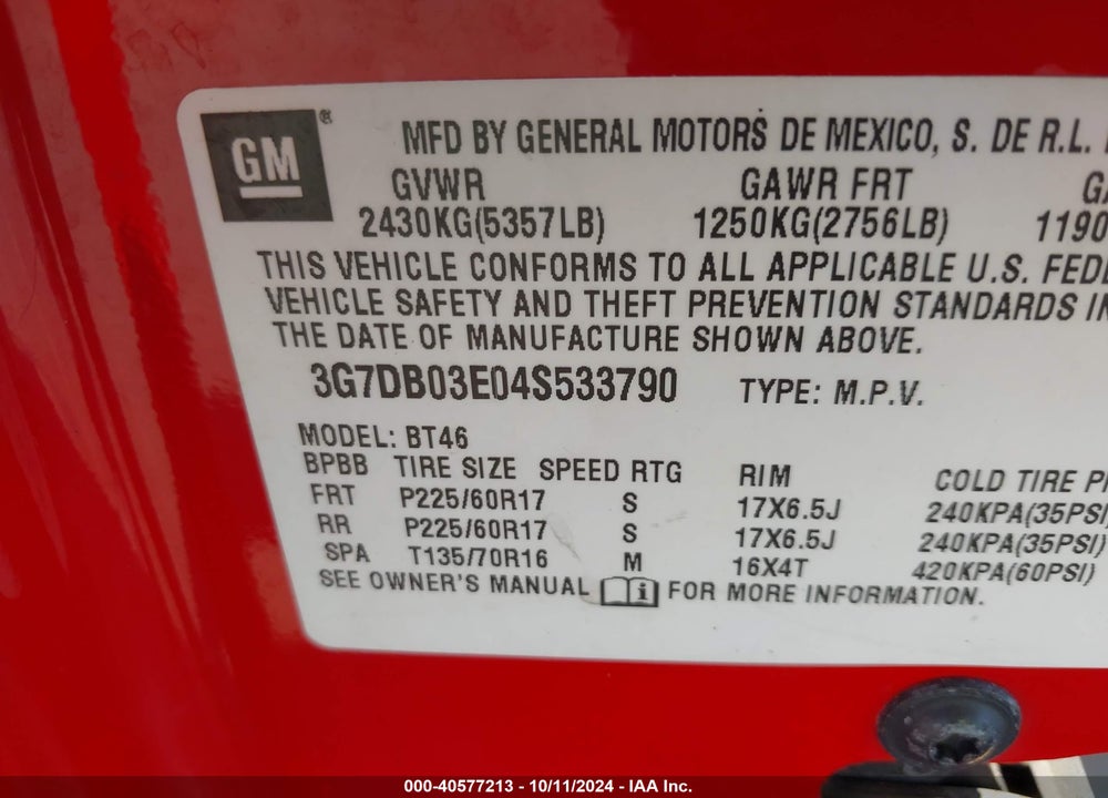 2004 PONTIAC AZTEK VIN: 3G7DB03E04S533790