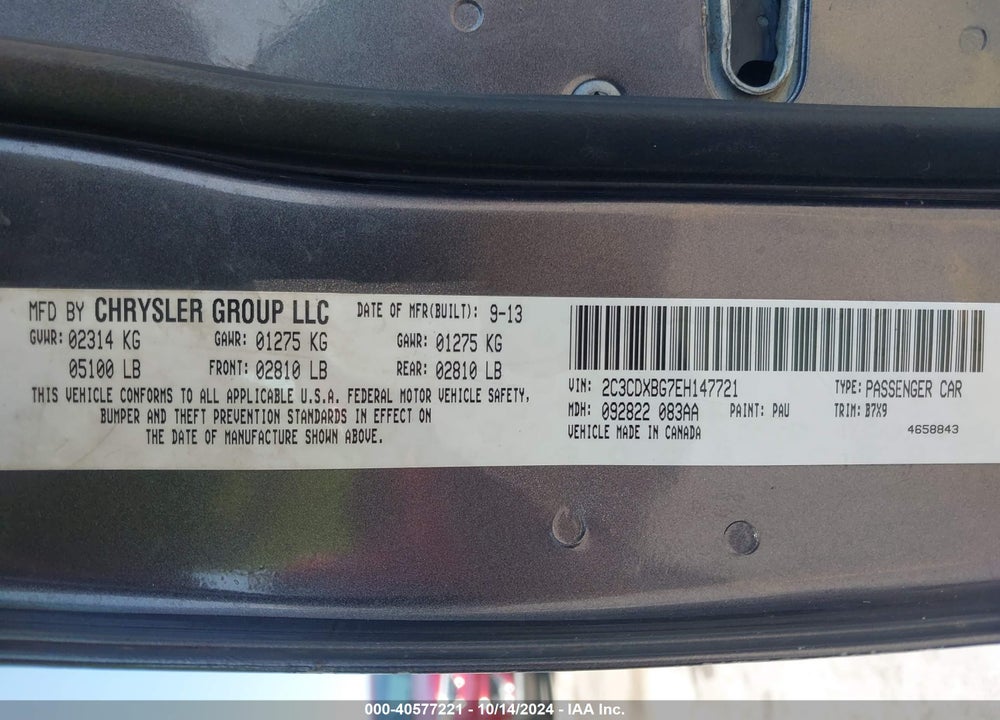 2014 DODGE CHARGER SE VIN: 2C3CDXBG7EH147721