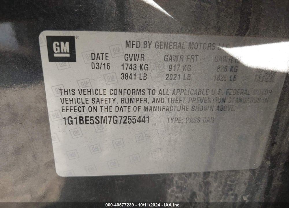 2016 CHEVROLET CRUZE LT AUTO VIN: 1G1BE5SM7G7255441