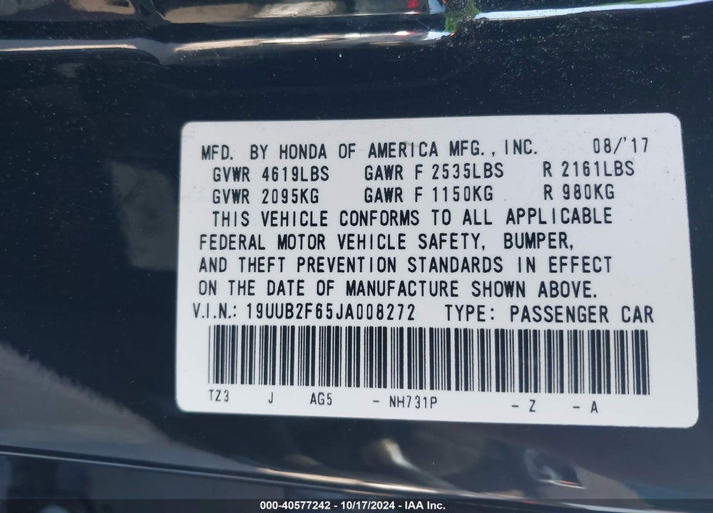 2018 ACURA TLX VIN: 19UUB2F65JA008272