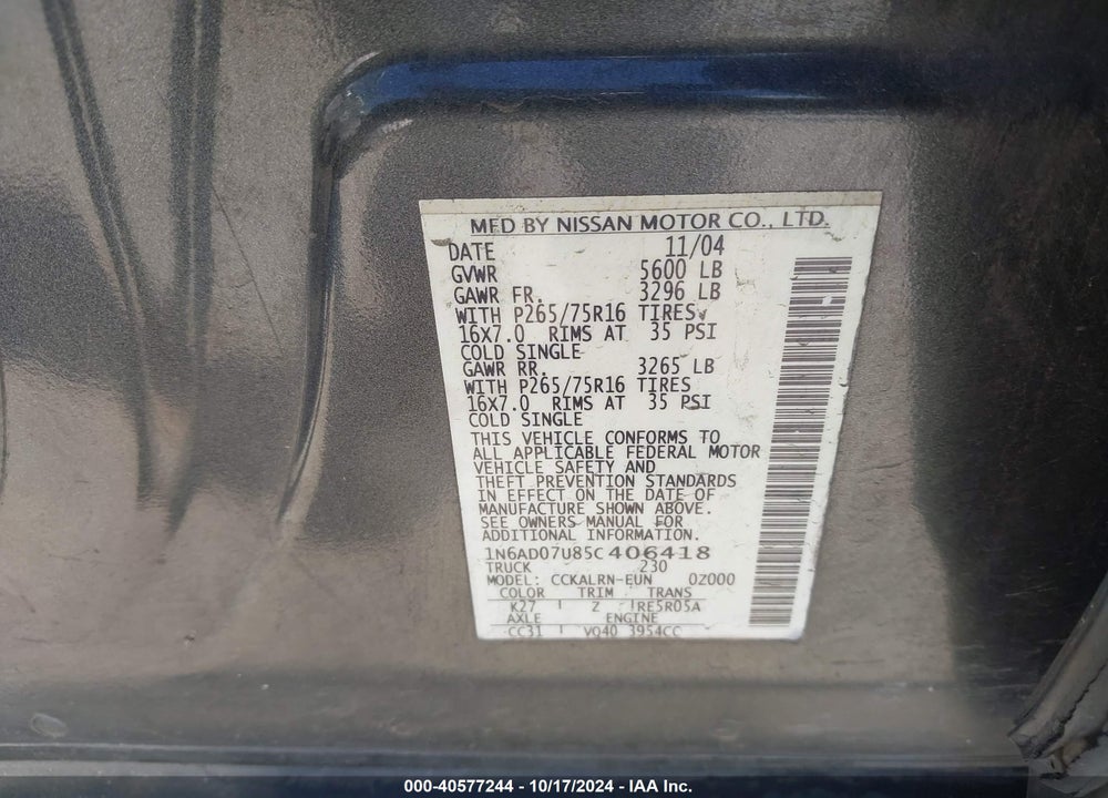 2005 NISSAN FRONTIER NISMO OFF ROAD VIN: 1N6AD07U85C406418