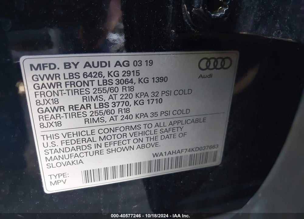 2019 AUDI Q7 VIN: WA1AHAF74KD037663
