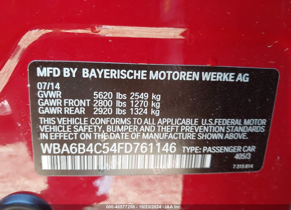 2015 BMW 650I GRAN COUPE XDRIVE VIN: WBA6B4C54FD761146