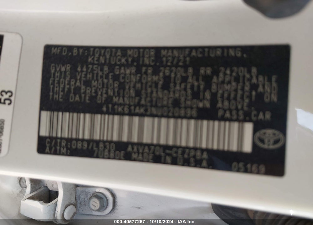2022 TOYOTA CAMRY XSE VIN: 4T1K61AK3NU020896