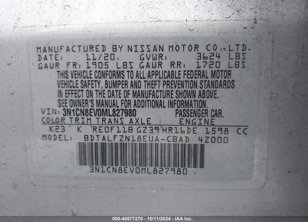 2021 NISSAN VERSA SV XTRONIC CVT VIN: 3N1CN8EV0ML827980