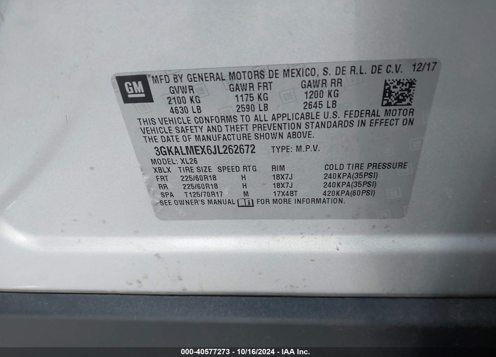 2018 GMC TERRAIN SLE VIN: 3GKALMEX6JL262672
