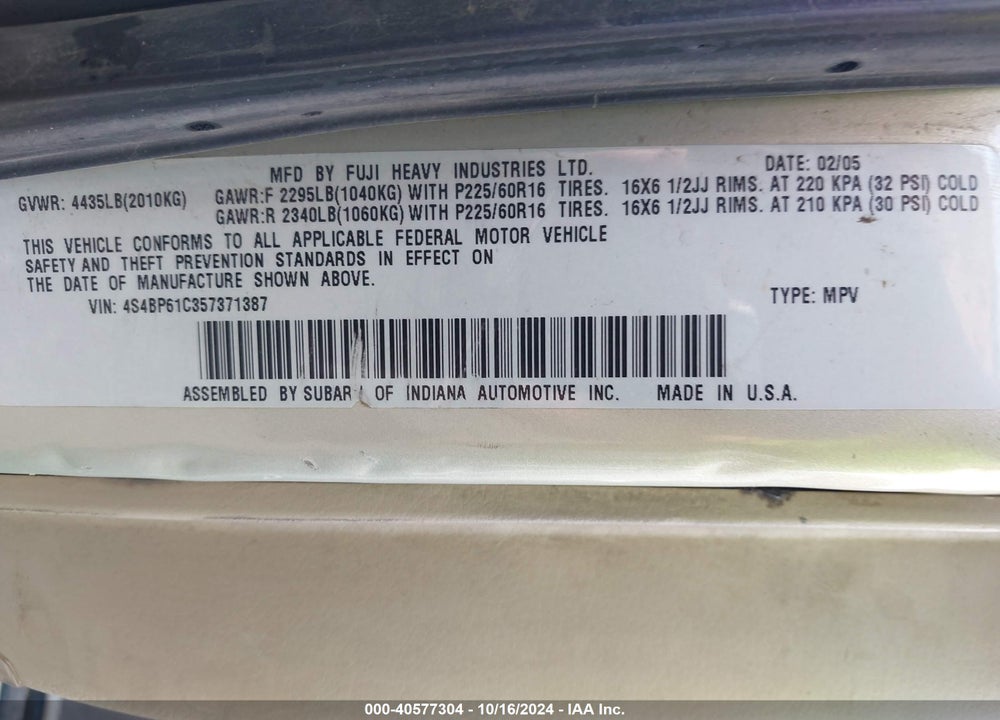 2005 SUBARU OUTBACK 2.5I VIN: 4S4BP61C357371387