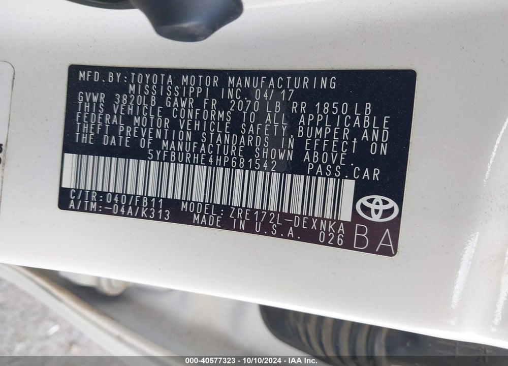 2017 TOYOTA COROLLA LE VIN: 5YFBURHE4HP681542