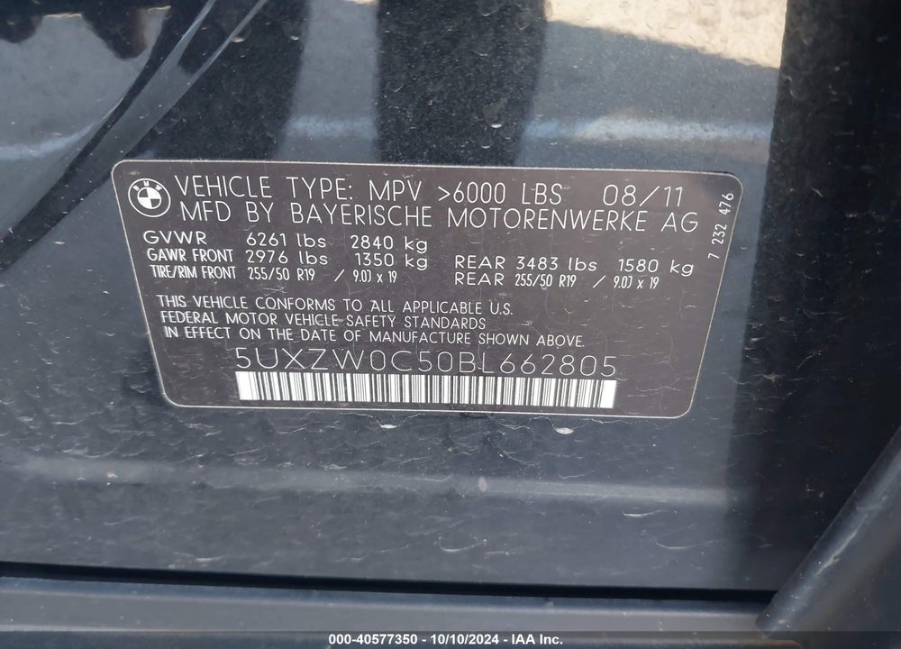 2011 BMW X5 XDRIVE35D VIN: 5UXZW0C50BL662805