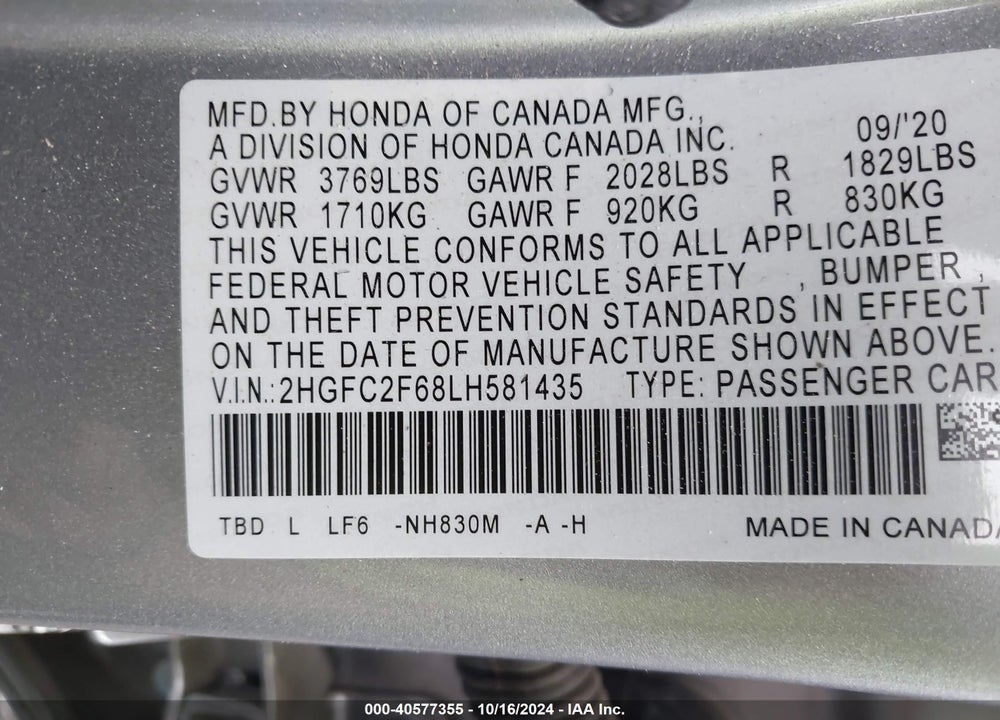 2020 HONDA CIVIC LX VIN: 2HGFC2F68LH581435