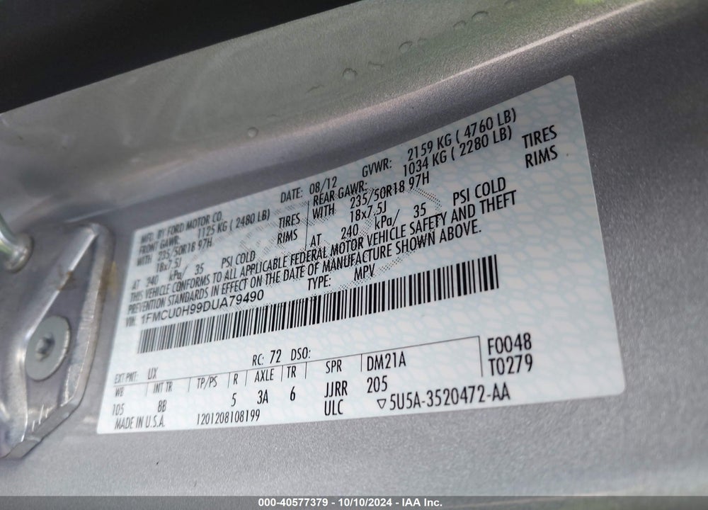 2013 FORD ESCAPE SEL VIN: 1FMCU0H99DUA79490