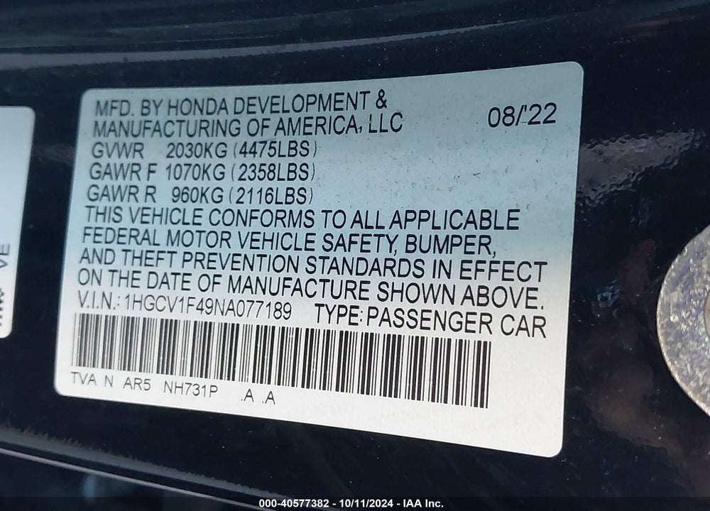 2022 HONDA ACCORD SPORT SPECIAL EDITION VIN: 1HGCV1F49NA077189