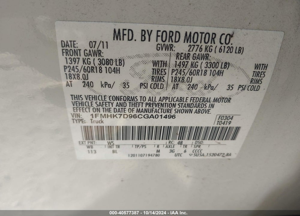 2012 FORD EXPLORER XLT VIN: 1FMHK7D96CGA01496