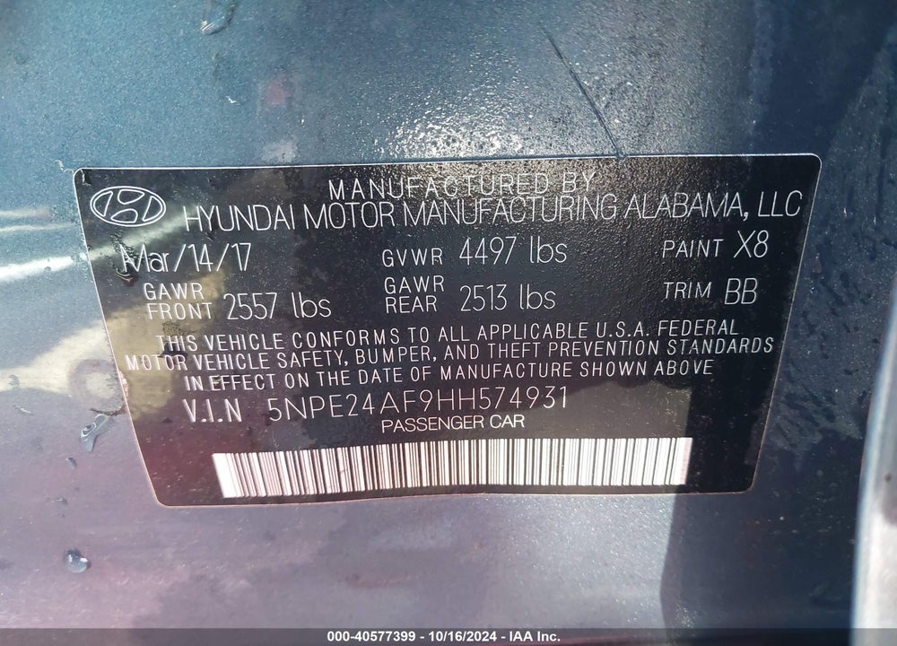 2017 HYUNDAI SONATA VIN: 5NPE24AF9HH574931