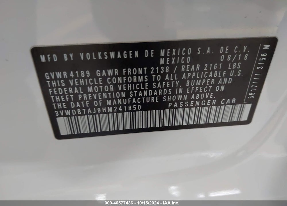 2017 VOLKSWAGEN JETTA 1.4T SE VIN: 3VWDB7AJ9HM241850