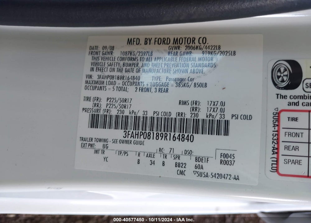 2009 FORD FUSION SEL VIN: 3FAHP08189R164840