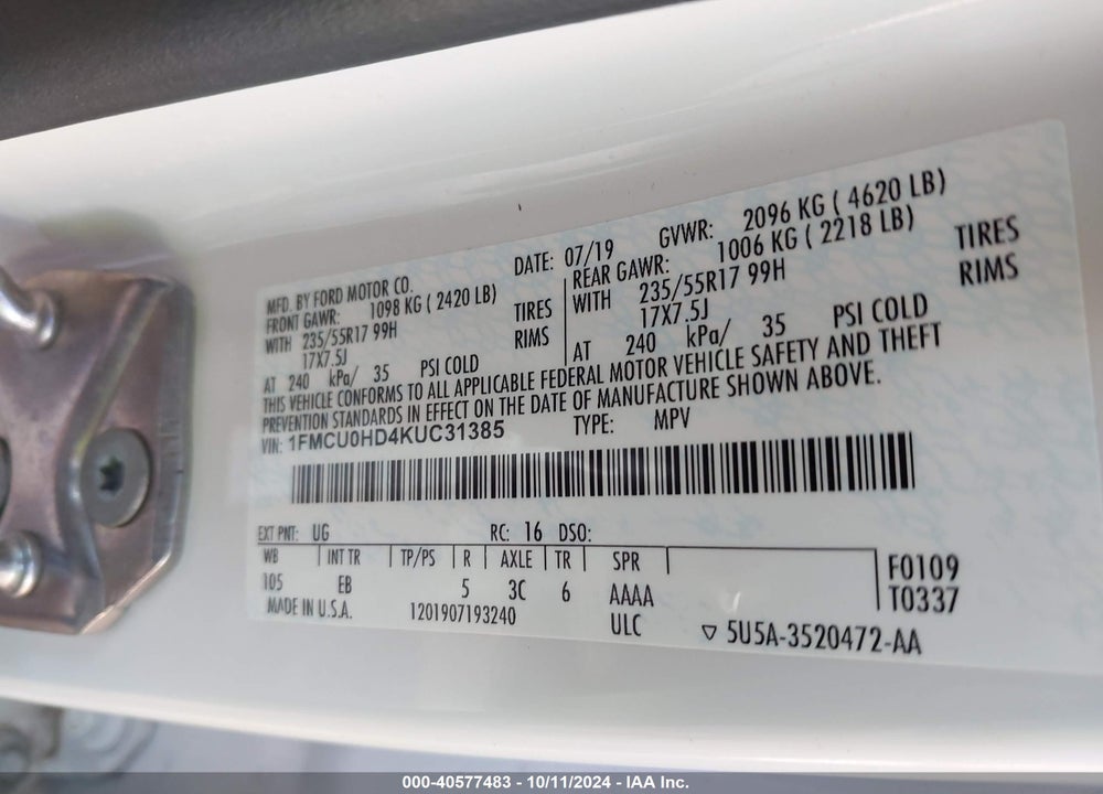2019 FORD ESCAPE SEL VIN: 1FMCU0HD4KUC31385