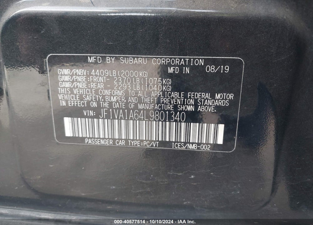 2020 SUBARU WRX VIN: JF1VA1A64L9801340